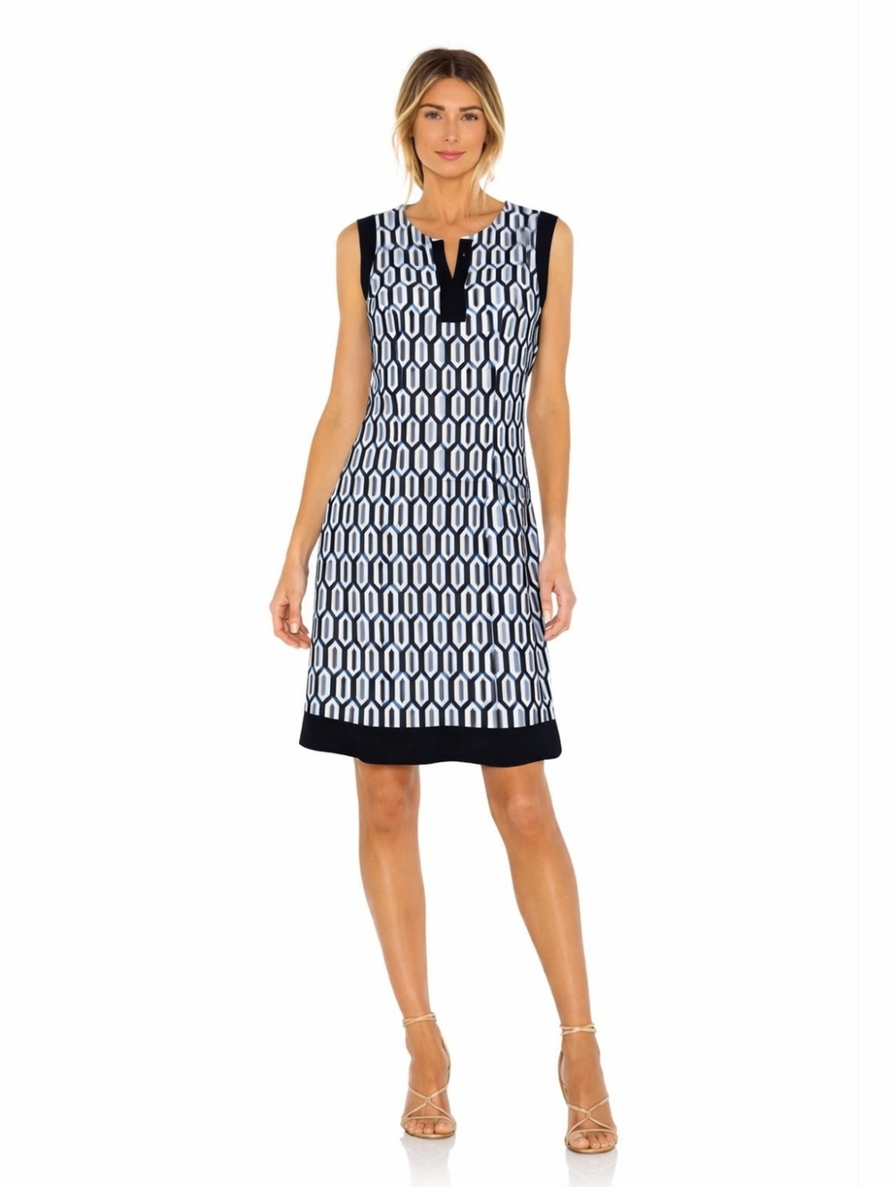 KIM ROGERS Geometric Tunic in Navy, Light Blue & White